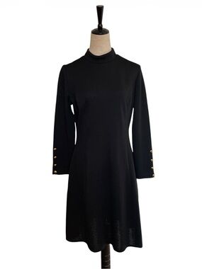 Vintage 60s 70s Kay Windsor Mod Mock Neck Dress Black Knit A-Line Gold Buttons